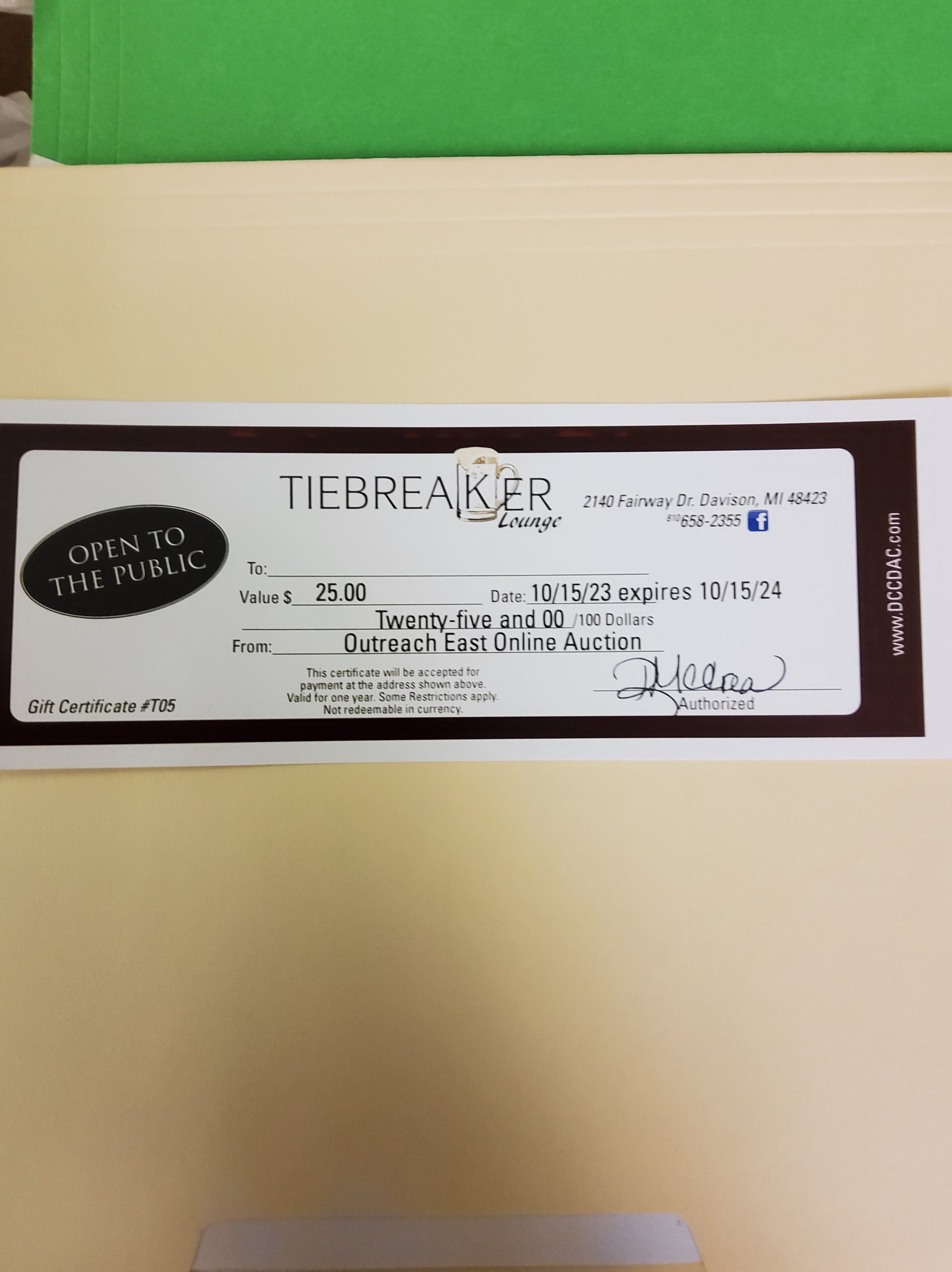 Tiebreaker Gift Certificate